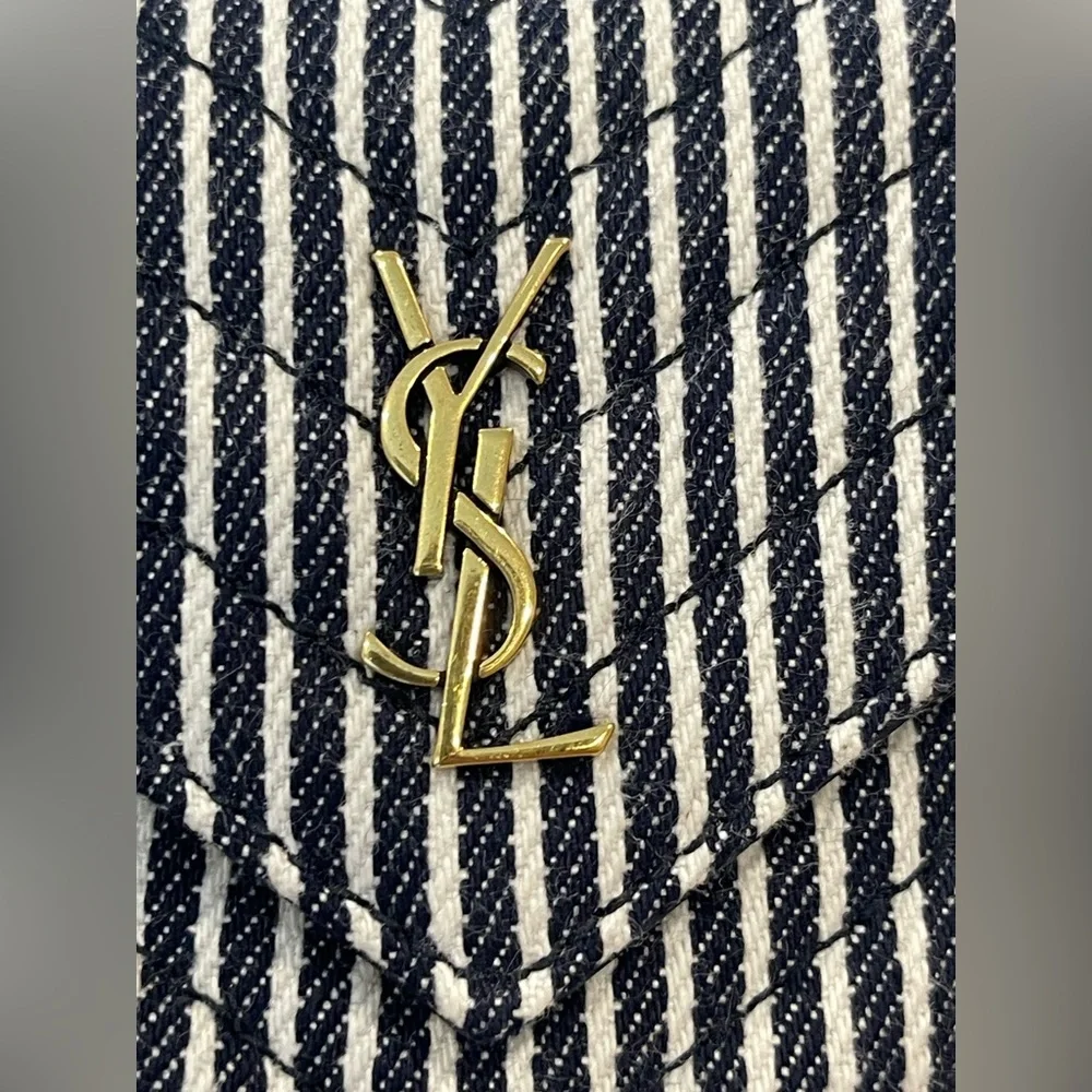 Saint Laurent YSL Monogram Striped Denim Joe Crossbody Chain Bucket Bag - Picture 2 of 8
